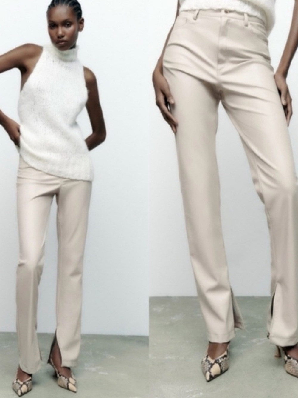 Zara faux leather size XS Beige Split-Hem Straight Trousers